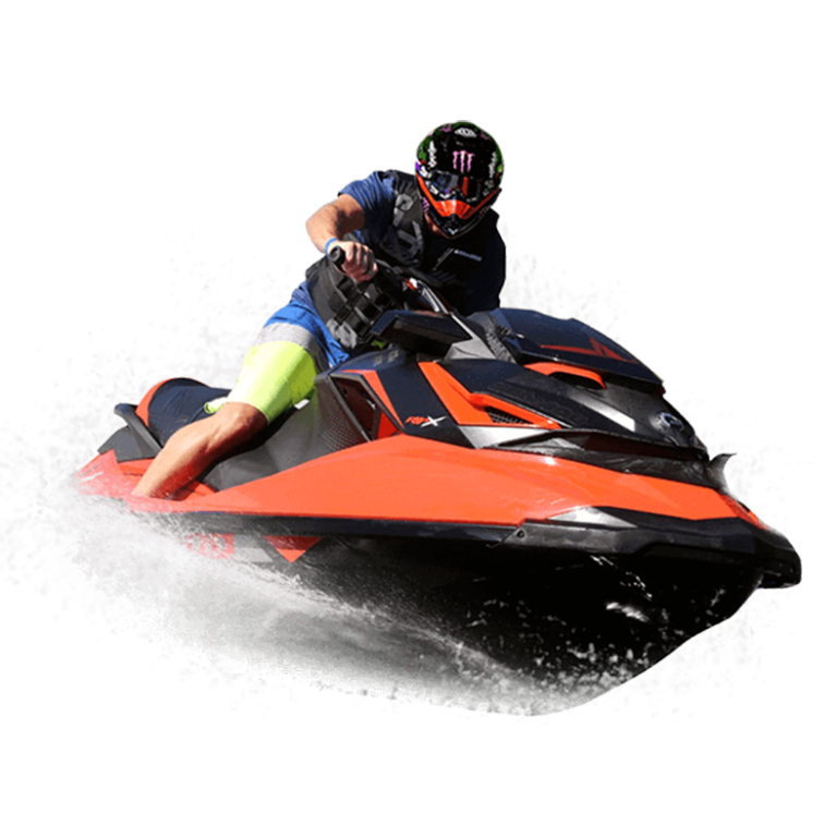 Άντρας σε πορτοκαλί Jet Ski οδηγεί με ταχύτητα πάνω στο νερό